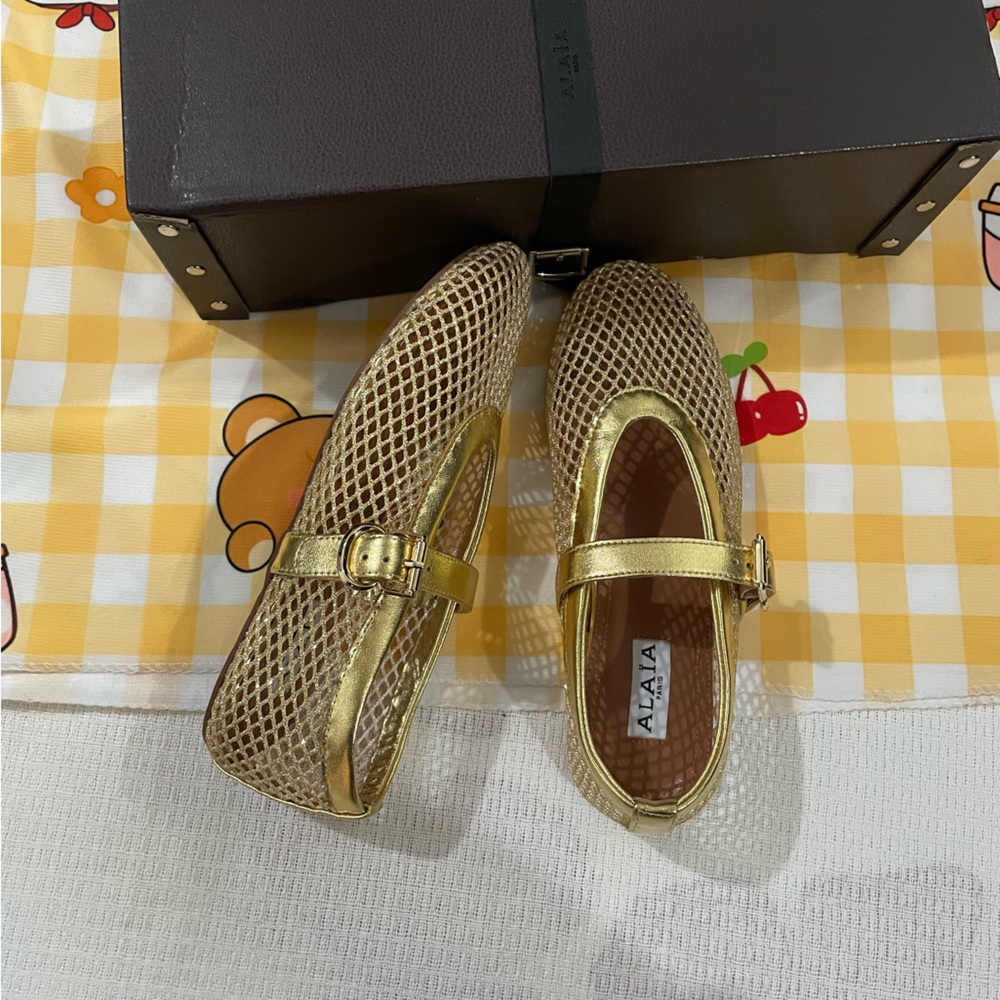 Alaia Gold Mesh Mary Jane Flats with Buckle Strap